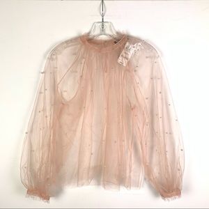 INC International Concepts sheer pink with pearls long sleeve blouse